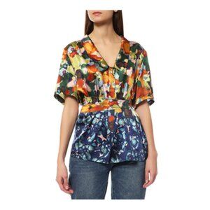 St. John Belted Watercolor Stretch Silk Blouse Sz 10